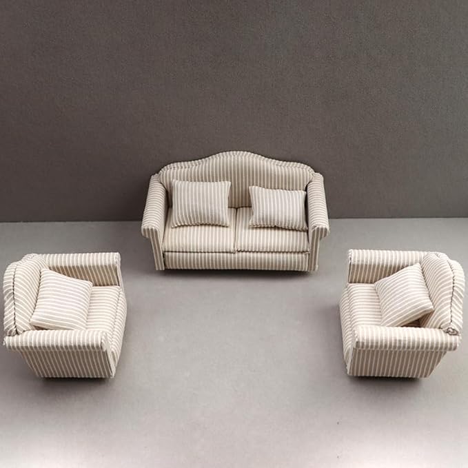 1/12 Dollhouse Couch - Miniature Double & Single Sofa with Pillow, Upholstered Armchair for Living Room or Bedroom Furniture Accessories (1 Set)