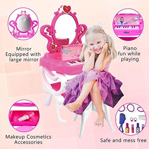 DIMPLE 2-in-1 Musical Piano Vanity Set Girls Toy Makeup Accessories Working Piano, Flashing Lights, Big Mirror, Pretend Cosmetics, Hair Dryer, Princess Image Appears in Mirror(7 AA Batteries Included)