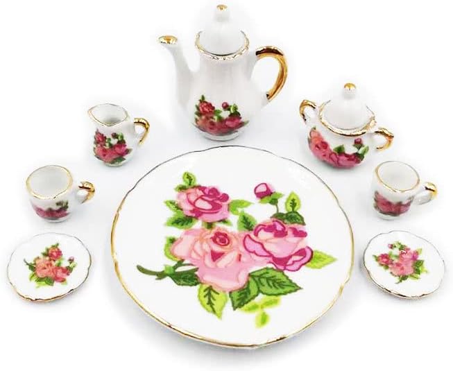 Cutemini 1:6 Scale Miniature Porcelain Dollhouse Tea Cup Sets 8PCS Flower Pattern Teapot Platter Dish Sets Dollhouse Kitchen Supplies Decoration (Rose)