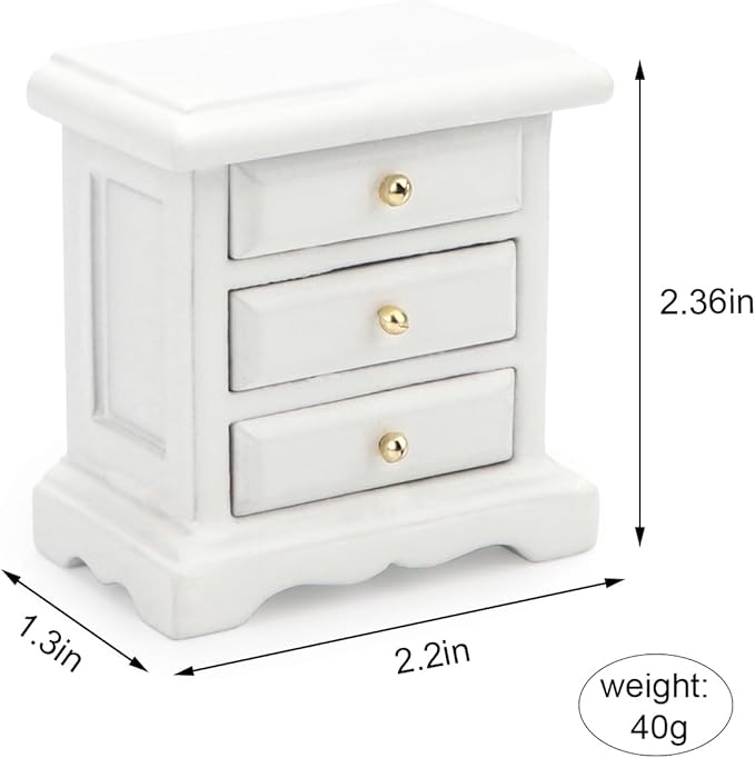 Miniature Bedside 1:12 Furniture Dollhouse Nightstand Bedroom Drawer Cabinet Model Accessories Mini House Scene Building Tabletop Decorations (White)