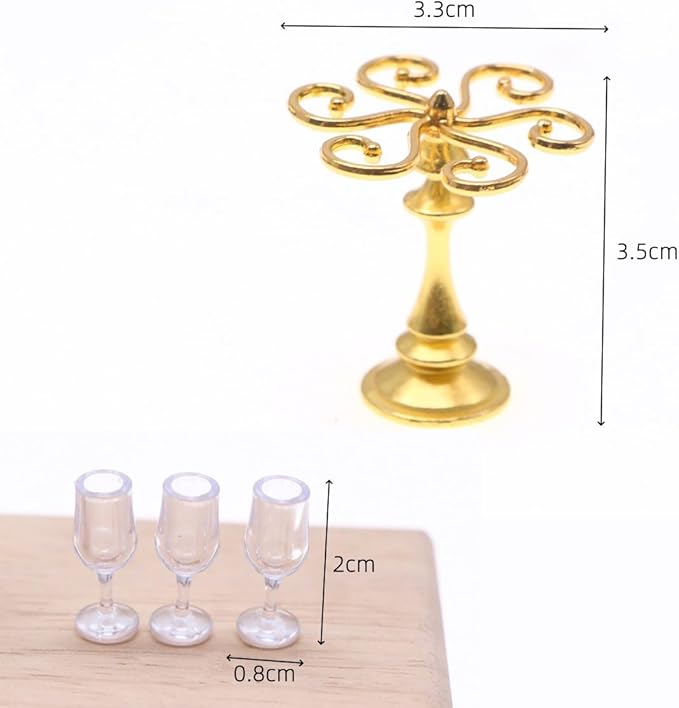 6pcs Mini Wine Glasses and Miniature Dollhouse Accessories - 1/12 Scale Accessories with Mini Wine Bottles for Doll House Girls &Women(Golden Color)