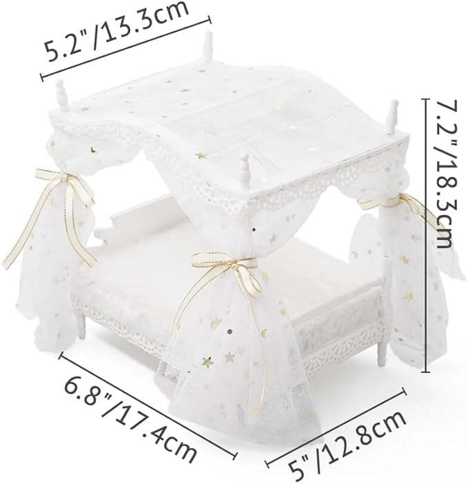 Odoria Dollhouse Princess Bed Miniature: 1/12 Scale Queen Bed White Fluffy for 6 inch Dolls Bedroom - Mini Bedding Furniture with Luxury Canopy