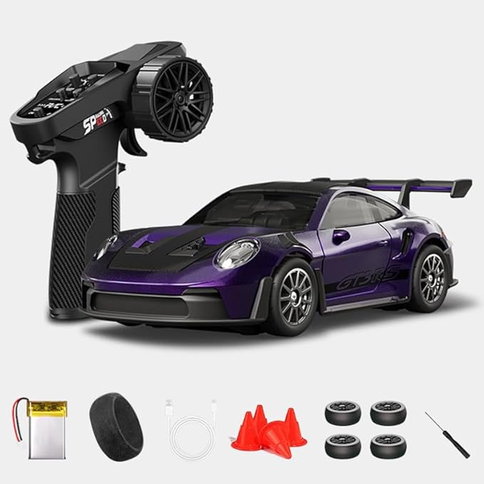 1:43 RC Drift Car D43-01 - 2.4G Full Proportional 4WD Alloy 20KM/H High Speed RC Racing Car with Gyro, Silent Bearings, Adjustable Speed & Lighting(Q7/Purple/D43-01)