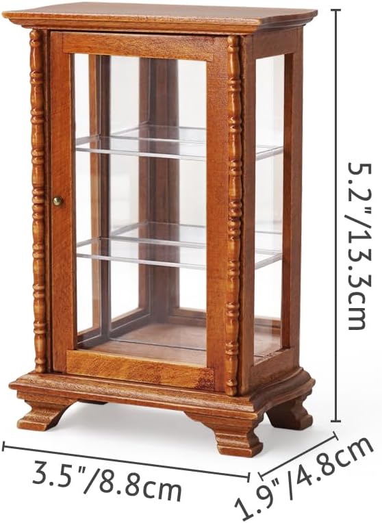 Odoria Dollhouse Display Cabinet Miniature: 1/12 Scale Mirrored Storage for Vintage Living Room - Mini Brown Curio Cabinets - Tiny Wood Furniture