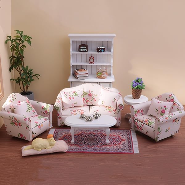 1:12 Dollhouse Couch Furniture Set, 16Pcs Wooden Miniature Sofa Set, Dollhouse White Fabric Printed Double & Single Sofa with Pillow and Living Room Accessories