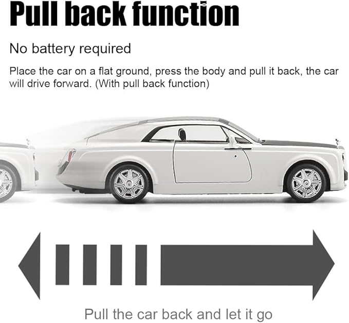 EROCK 1/24 Rolls-Royce Sweptail Toy Car Alloy Diecast Collectible Model Car for Kids Gift, Pull Back Toy Car with Sound and Light, Classic Double Door, Car Logo Can be Folded