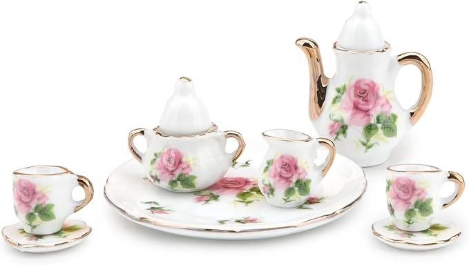 Dollhouse 1:6 Porcelain Tea Cup Sets 8 Pcs Set Miniature Ceramics Dollhouse Accessories Flower Pattern Teapot Platter Dish Sets Dollhouse Kitchen Supplies Decoration (Little Rose)