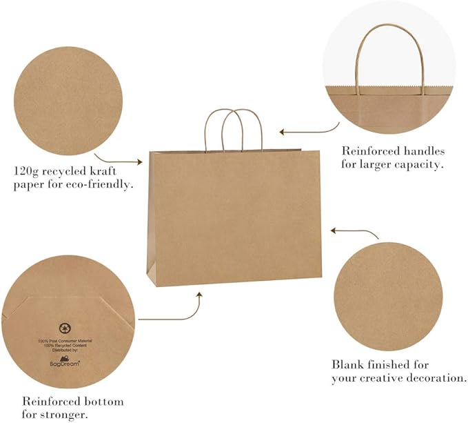 BagDream 100Pcs 16x6x12 Inches Kraft Paper Bags with Handles Bulk Shopping Bags for Gifts, Grocery, Merchandise, Recycled Large Brown Paper Sacks