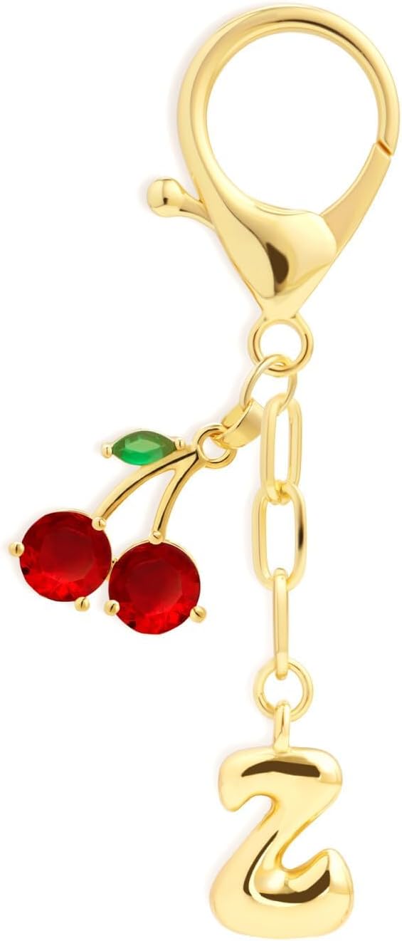 Fohufo Initial Keychains for Women - Cute Cherry Bag Charms Purse, 14K Gold Plated Keychain Accessories, Birthday Gifts