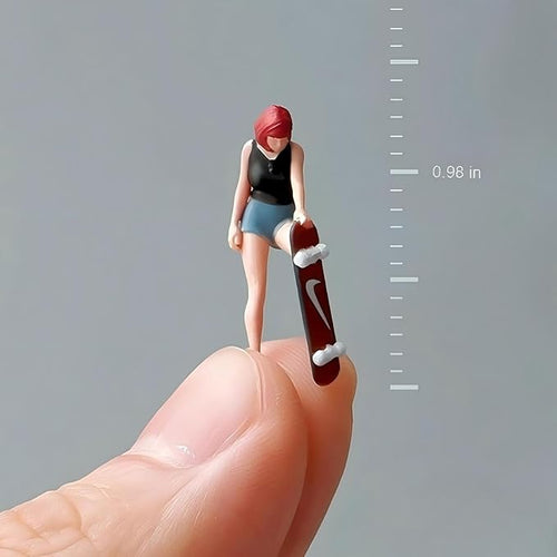 1:64 Scale Hand-Painted Resin Red-haired Skateboard Girl - HO Compatible Diorama Model for Train Scenes, Architectural Displays, Collectors & Hobbyists