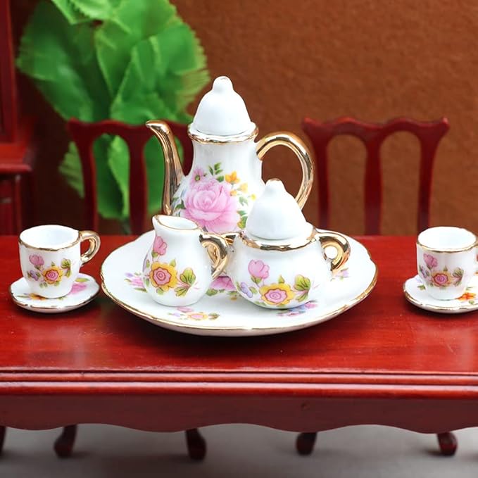 Cutemini 1:6 Scale Miniature Porcelain Dollhouse Tea Cup Sets 8PCS Flower Pattern Teapot Platter Dish Sets Dollhouse Kitchen Supplies Decoration (Light Pink)