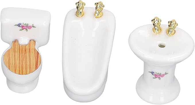 shenruifa 3Pcs Dollhouse Miniature Bathroom Set, 1:24 Ceramic Simulation Bathtub Toilet Sink Dollhouse Bathroom Furniture (Flower Shape)