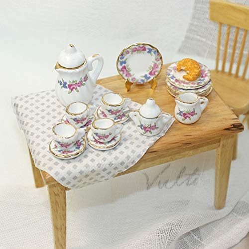 Dollhouse Decoration Accessories, 1:12 Dollhouse Miniature Scene Model 15 PCS Porcelain Teacup and Saucer Set (A, 15 Pcs)
