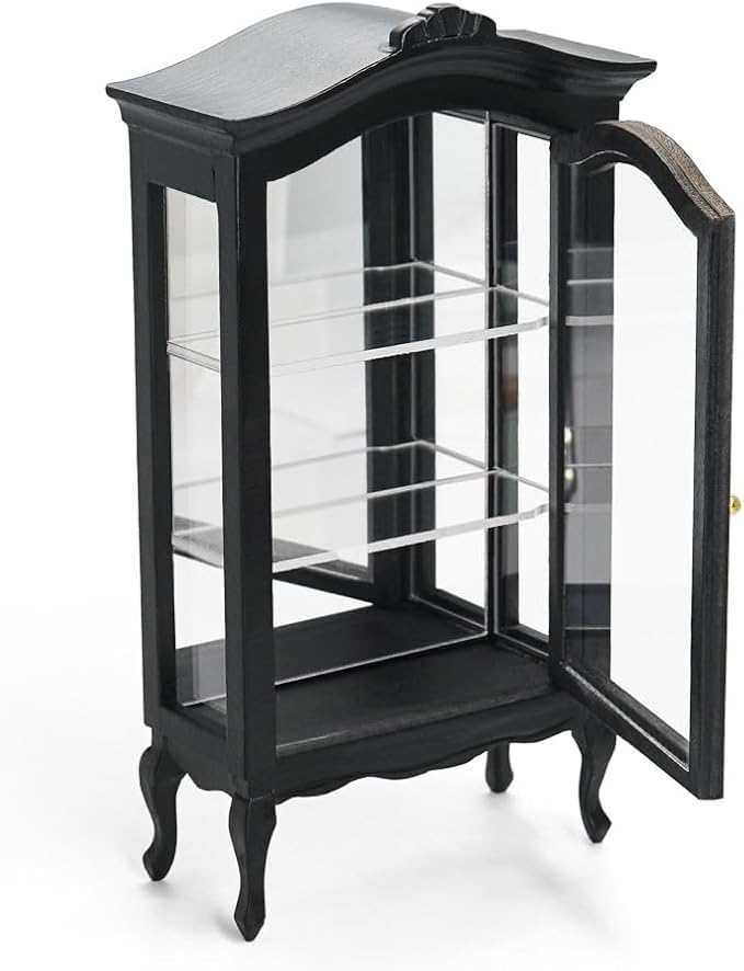 Odoria Dollhouse Curio Cabinet Miniature: 1/12 Scale Display Bookcase for Victorian Living Room - Mini Vintage Storage Shelf with Mirror - Tiny Wood Black Furniture Antique
