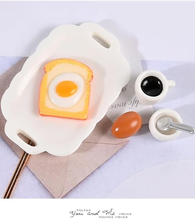 7 Pieces 1:12 Scale Miniature Breakfast Set – Dollhouse Kitchen Accessories, Includes Tray, Spoon, Cup, Coffee, Eggs, Bread, and Other Decorative Items Miniature Scenes for DIY Craft Projects