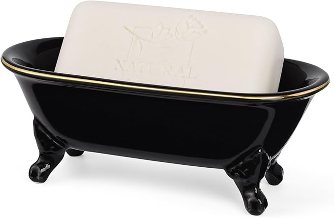 NEWHENGS 6.5" Ceramic Mini Decorative Clawfoot Bathtub Bar Soap Dish, Kitchen Sponge Holder and Shower Tray for Bathroom, 1 Pack (Black Gold Rim)