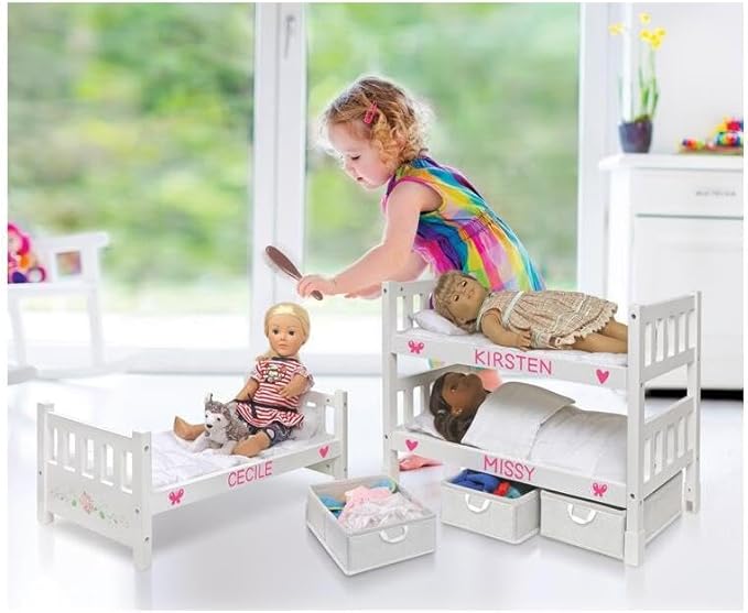 Convertible Doll Bunk Bed - 1-2-3 Stackable Design with Baskets & Personalization Kit