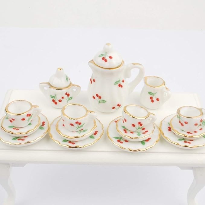 NW 1 Set 15 Pieces 1:12 Ceramics Tea Cup Set Lovely Dollhouse Decoration Set Dollhouse Kitchen Accessories(#1)
