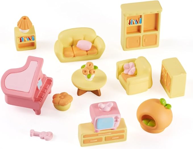 15Pcs Resin Mini Dollhouse Decor Sofa Table Bookcase Piano Living Room Miniature Furniture Set for Garden Micro Landscape Playhouse Ornament Accessories