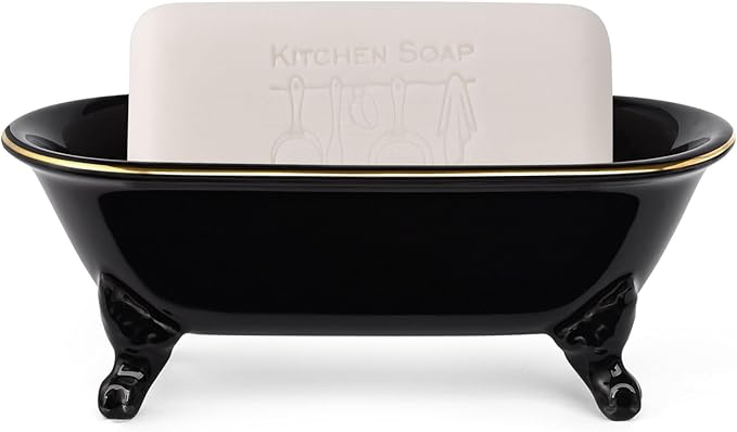 NEWHENGS 6.5" Ceramic Mini Decorative Clawfoot Bathtub Bar Soap Dish, Kitchen Sponge Holder and Shower Tray for Bathroom, 1 Pack (Black Gold Rim)