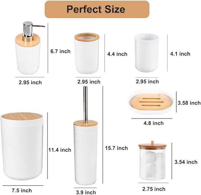 Bathroom Accessories Set, 8 Piece Bathroom Trash Can Set, White Bathroom Accessories, Bathroom Trash Can and Toilet Brush Set Include Toothbrush Holder Cup,Soap Dispenser,Soap Dish,Cotton Swab Can