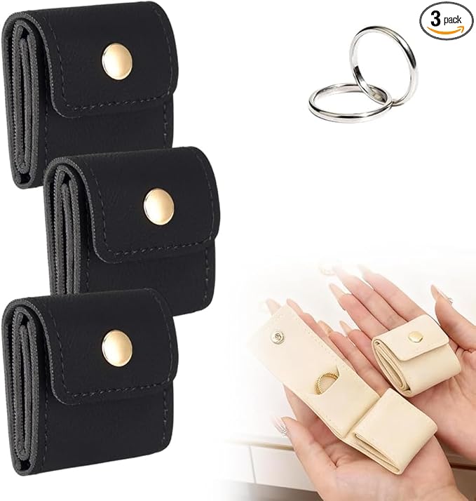 Leather Mini Travel Jewelry Bag, Portable Foldable Mini Travel Jewelry Roll Bag with Buckle, Small Jewelry Box for Travel Essentials, Earrings, Rings, Necklaces (3, Black)