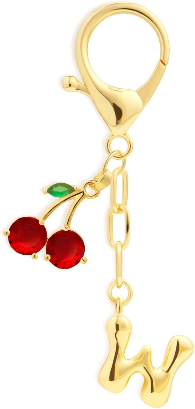 Fohufo Initial Keychains for Women - Cute Cherry Bag Charms Purse, 14K Gold Plated Keychain Accessories, Birthday Gifts