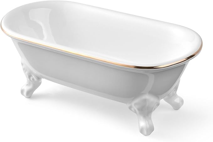 NEWHENGS 6.5" Ceramic Mini Decorative Clawfoot Bathtub Bar Soap Dish, Kitchen Sponge Holder and Shower Tray for Bathroom, 1 Pack (White Gold Rim)