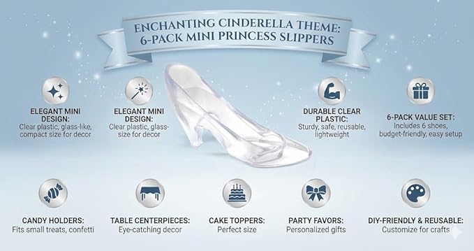 Oojami 6-Pack Mini Glass Slipper Party Favors – 4-Inch Clear Plastic Princess Shoes for Candy Holders, Wedding Centerpieces, and Quinceañera Decor
