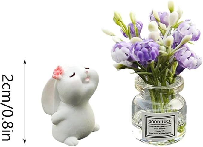 2PCS Mini Smell The Fragrant Rabbit & Flower Vase Decorations – Handmade Resin Vases with Purple Jasmine for Dollhouse, Micro Landscape, Fairy Garden, DIY Projects, and Home Shelf Styling