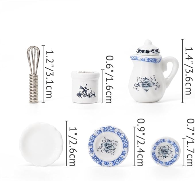 Odoria 1/12 Miniature Porcelain Tea Set Plates and Silverware Kitchen Utensils Dollhouse Accessories, Blue Petals