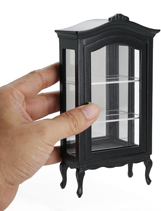 Odoria Dollhouse Curio Cabinet Miniature: 1/12 Scale Display Bookcase for Victorian Living Room - Mini Vintage Storage Shelf with Mirror - Tiny Wood Black Furniture Antique