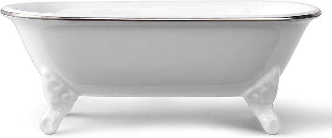 NEWHENGS 6.5" Ceramic Mini Decorative Clawfoot Bathtub Bar Soap Dish, Kitchen Sponge Holder and Shower Tray for Bathroom, 1 Pack (White Silver Rim)