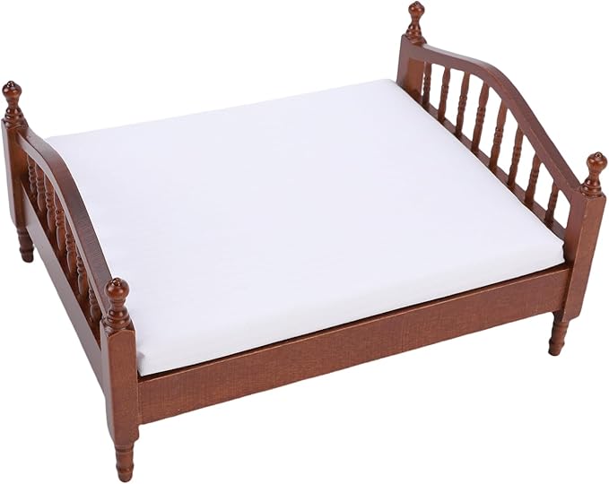 Keenso Dollhouse Miniature Bed, Vintage Wooden Dollhouse Bed Furniture, 1:12 Scale Accessory for Bedroom Display
