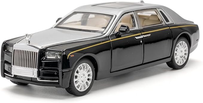 EROCK Alloy Collectible Rolls-Royce Phantom Model Toy Car, 1/32 Scale Diecast Car Model Pull Back Vehicles Phantom Toy with Sound & Light, Car Logo Can be Folded 1/32 Phantom Black-Silver