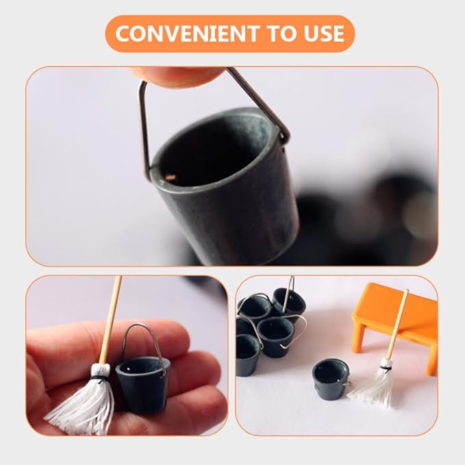 Kisangel 16sets Miniature Mop with Bucket, 1:12 Scale Mini Cleaning Tools for Dollhouses Furniture Landscapes Decoration