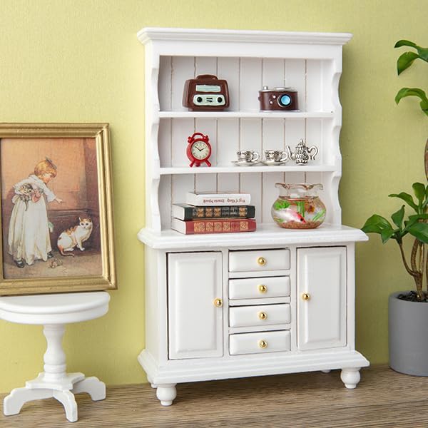 1/12 Dollhouse Cabinet Set, 11Pcs Dollhouse Miniature Wooden Bookshelf with Accessories (Alarm Clock, Fish Tank, Books, Coffee Cups) for Living Room,Dining Room,Study and Other Scenes
