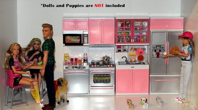 PowerTRC Doll Kitchen Play Set, Mini Modern Toy Pink Kitchen Pretend Play Furnitures Toy Set Accessories Set with Realistic Light & Sound for Kids Toddlers Girls (4-in-1)
