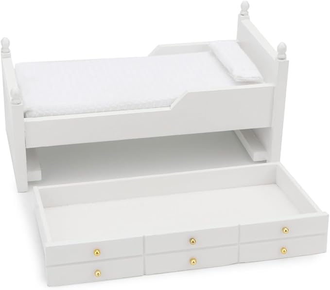 Dollhouse Miniature Bed with Drawer 1:12 Wooden Furniture European Bedroom Bedding Furniture Accessories with Pillow & Mattresses Vintage Floral Fabric Mini House Decoration