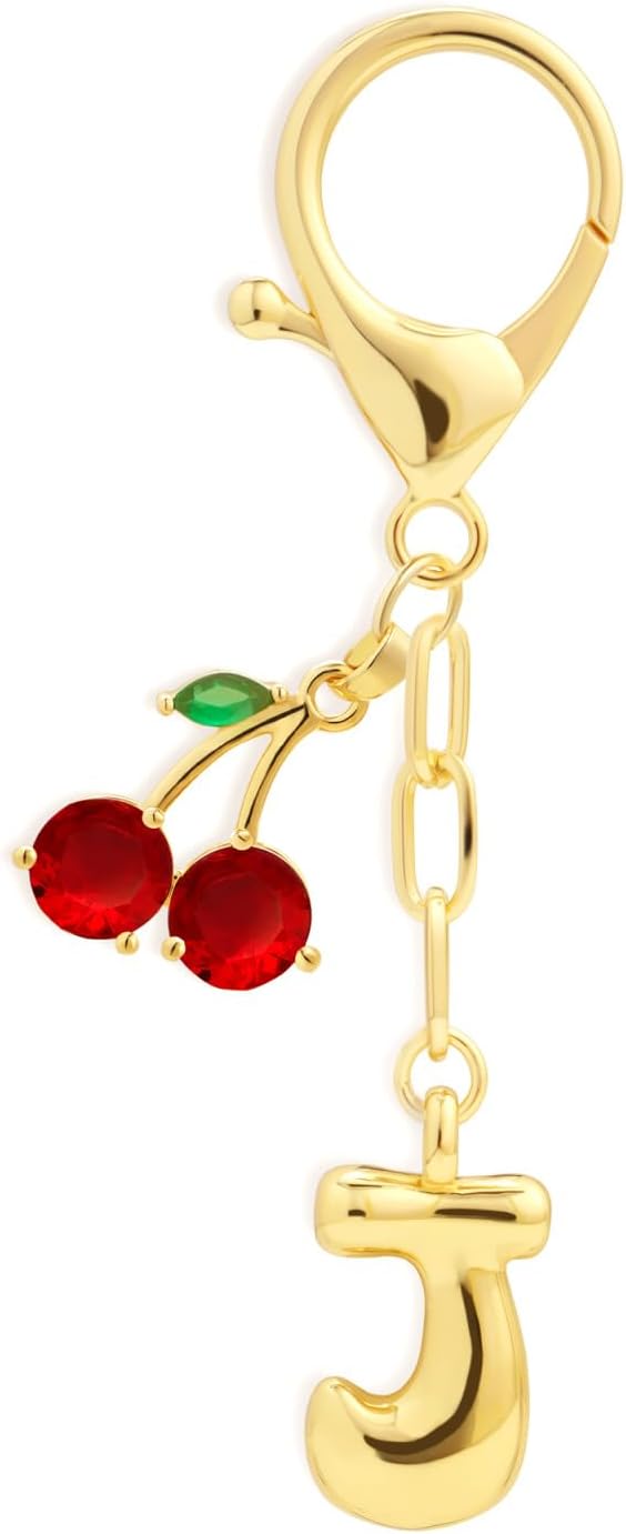 Fohufo Initial Keychains for Women - Cute Cherry Bag Charms Purse, 14K Gold Plated Keychain Accessories, Birthday Gifts