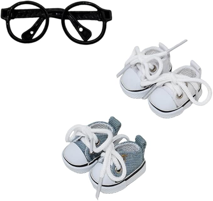 Mini Canvas Sneakers for Dolls, 2 Pairs Set in White and Denim Blue, Lace-up Style for labubu 2025,Include A Pair of Glasses(no Lenses) (White & Denim Blue)