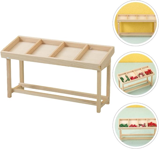 LUOZZY Miniature Wooden Shelf Food Display Miniature House Vegetable Fruit Shelf Figurine Mini Dollhouse Vegetable Rack Stall Model