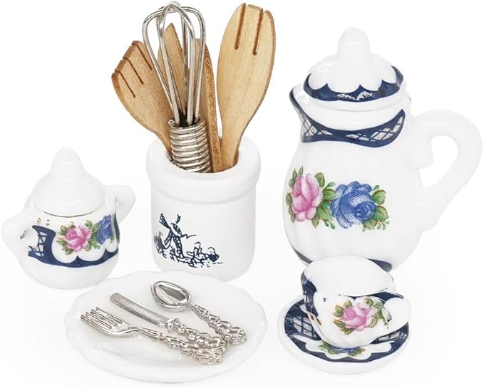 Odoria 1/12 Miniature Porcelain Tea Set Plates and Silverware Kitchen Utensils Dollhouse Accessories, Blue Blossom