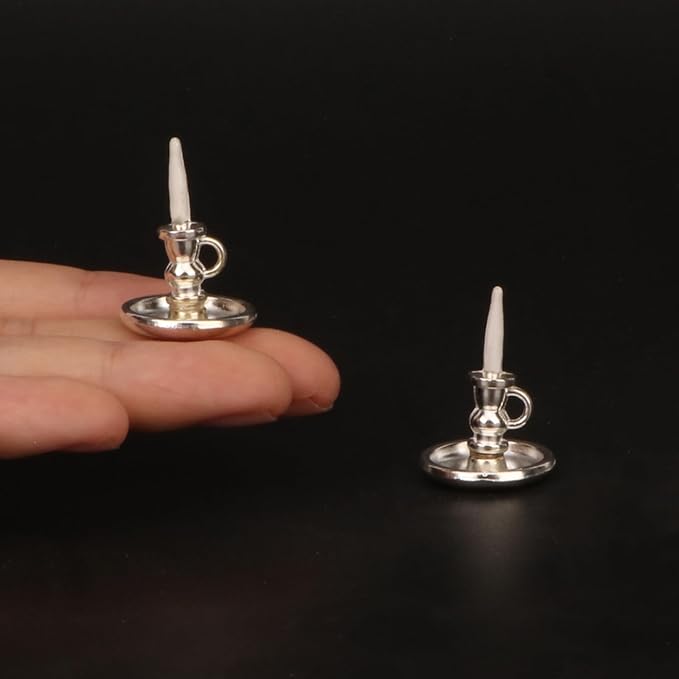 Dollhouse Miniature Candlesticks 2 PCS Candle Holder Set 1/12 Scale Vintage Candles Doll House Desk Ornament Accessories with Metal Round Base for for Fairy Garden (Silver)