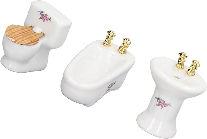 shenruifa 3Pcs Dollhouse Miniature Bathroom Set, 1:24 Ceramic Simulation Bathtub Toilet Sink Dollhouse Bathroom Furniture (Flower Shape)