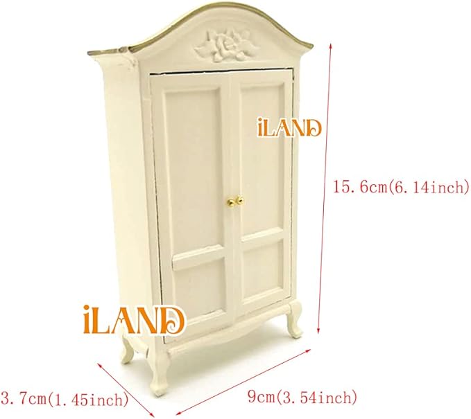 iLAND Wooden Dollhouse Furniture 1/12 Scale, Dollhouse Bedroom Furniture in Cream Color incl Dollhouse Bed & Dressing Table & Wardrobe (Elegant Miniature Furniture 6pcs)