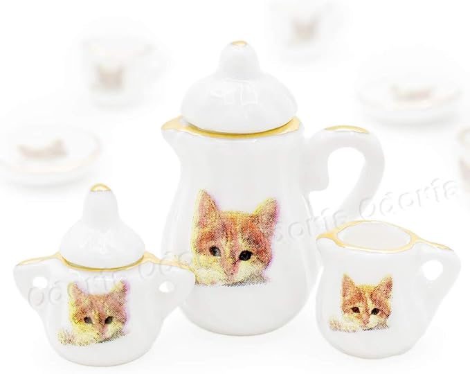 Odoria 1/12 Miniature Porcelain Tea Set 15Pcs Dollhouse Decoration Accessories, Cat