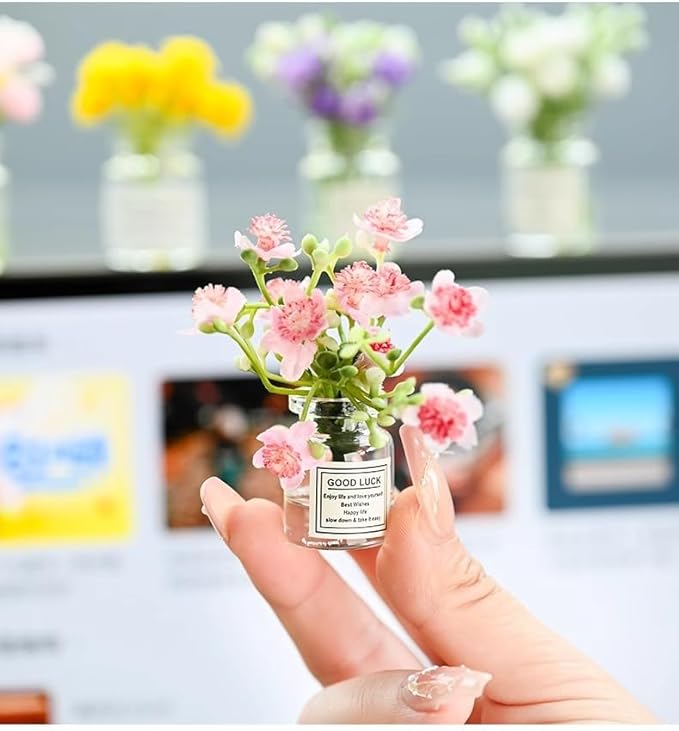 2PCS Mini Smell The Fragrant Rabbit & Pink Peach Blossom Flower Vase Ornaments – Handmade Resin Miniature Vases for Dollhouse, Fairy Garden, Micro Landscape Decor, DIY Craft & Table Centerpiece