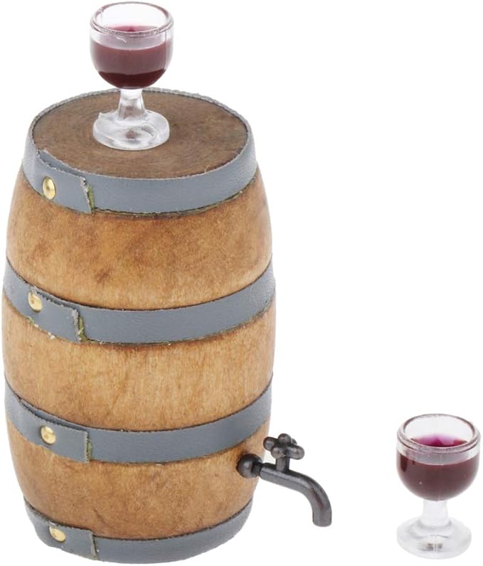 Mini House Drink Accessories Miniature Wooden Beer Barrel Figurine Wine Barrel Model with Faucet and Wine Glass for Fairy Garden Pub Bar Decoration
