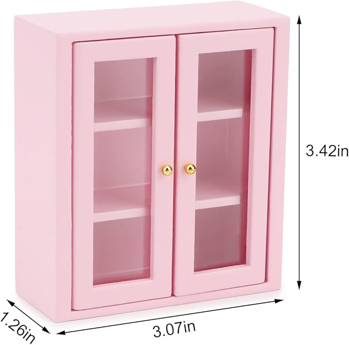 Dollhouse Wall Cabinet Wooden Miniature Cupboard 1:12 Scale Kitchen Furniture Dollhouse Hanging Cabinet Display Shelf Household Accessories Decor for Bathroom Living Room (Pink)